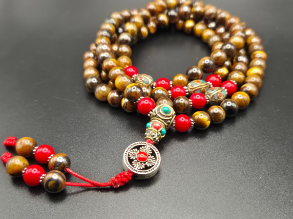 Tigerauge Mala-Gebetskette mit Schmuckelementen | 108+1 Perlen | ca. 8mm